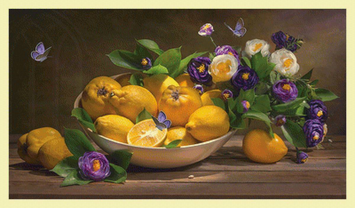 Натюрморт с лимонами. - цветы, натюрморт, фрукты, бабочки, лимоны - предпросмотр