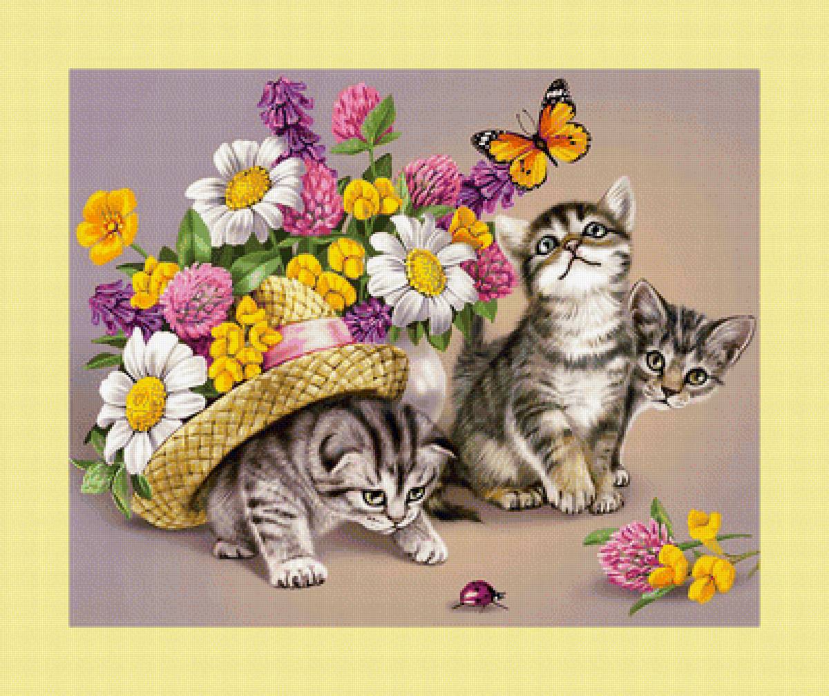 Три котёнка. - кошки, животные, котята, цветы - предпросмотр