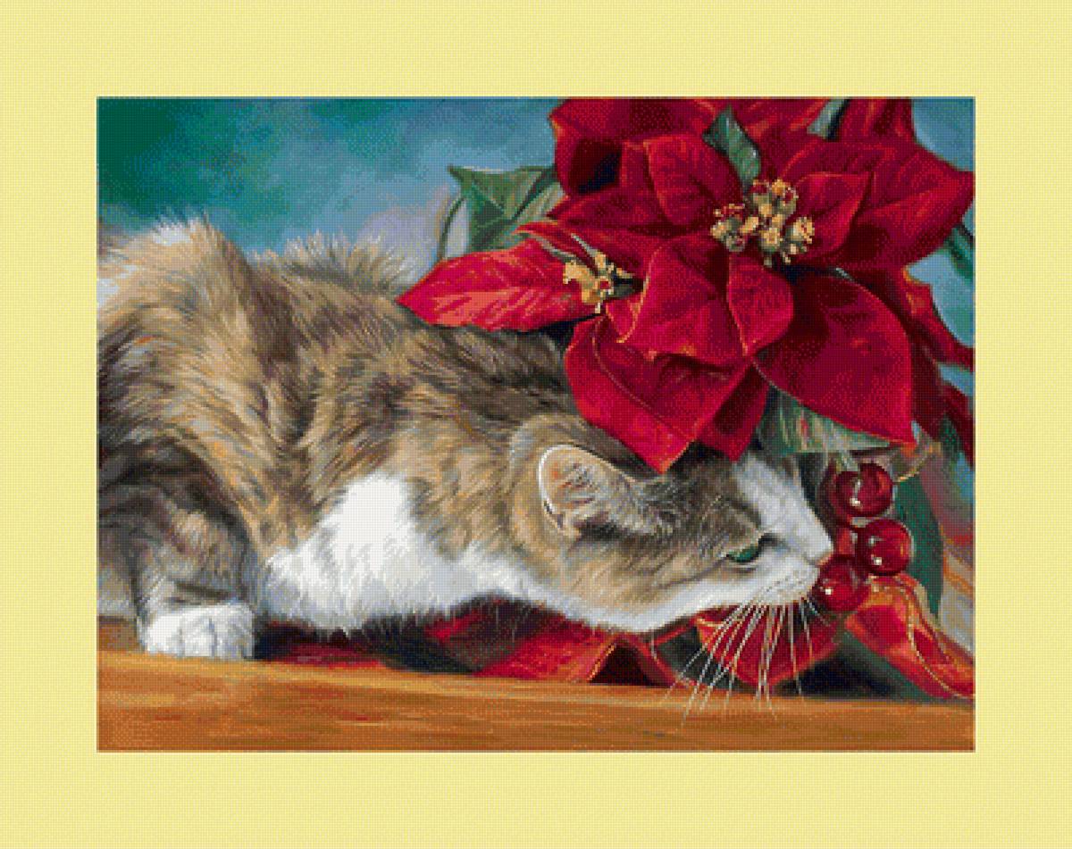 Рождественский котик. - живопись, рождество, кот, кошка - предпросмотр