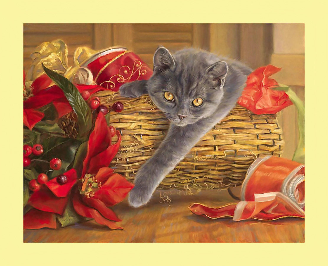 Рождественский котик. - живопись, животные, кошка, кот, рождество - оригинал