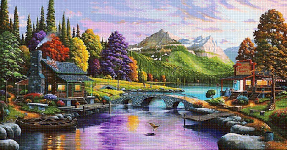 пейзаж - озеро, домик, горы - предпросмотр