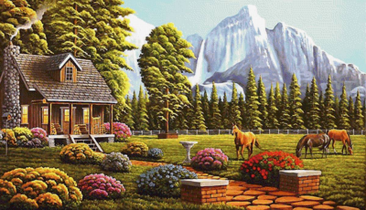 пейзаж - домик, кони, горы - предпросмотр