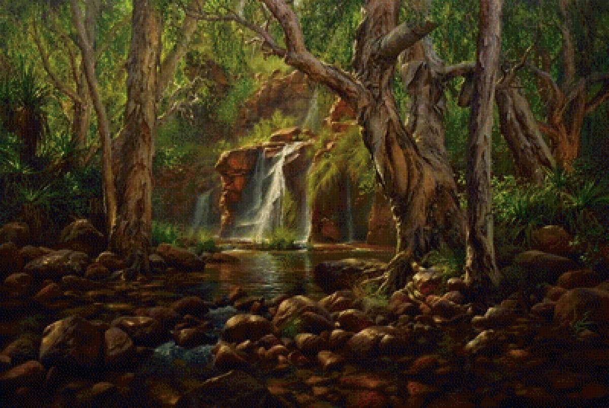 Водопад в чаще леса - природа, водопад, лес, джунгли - предпросмотр