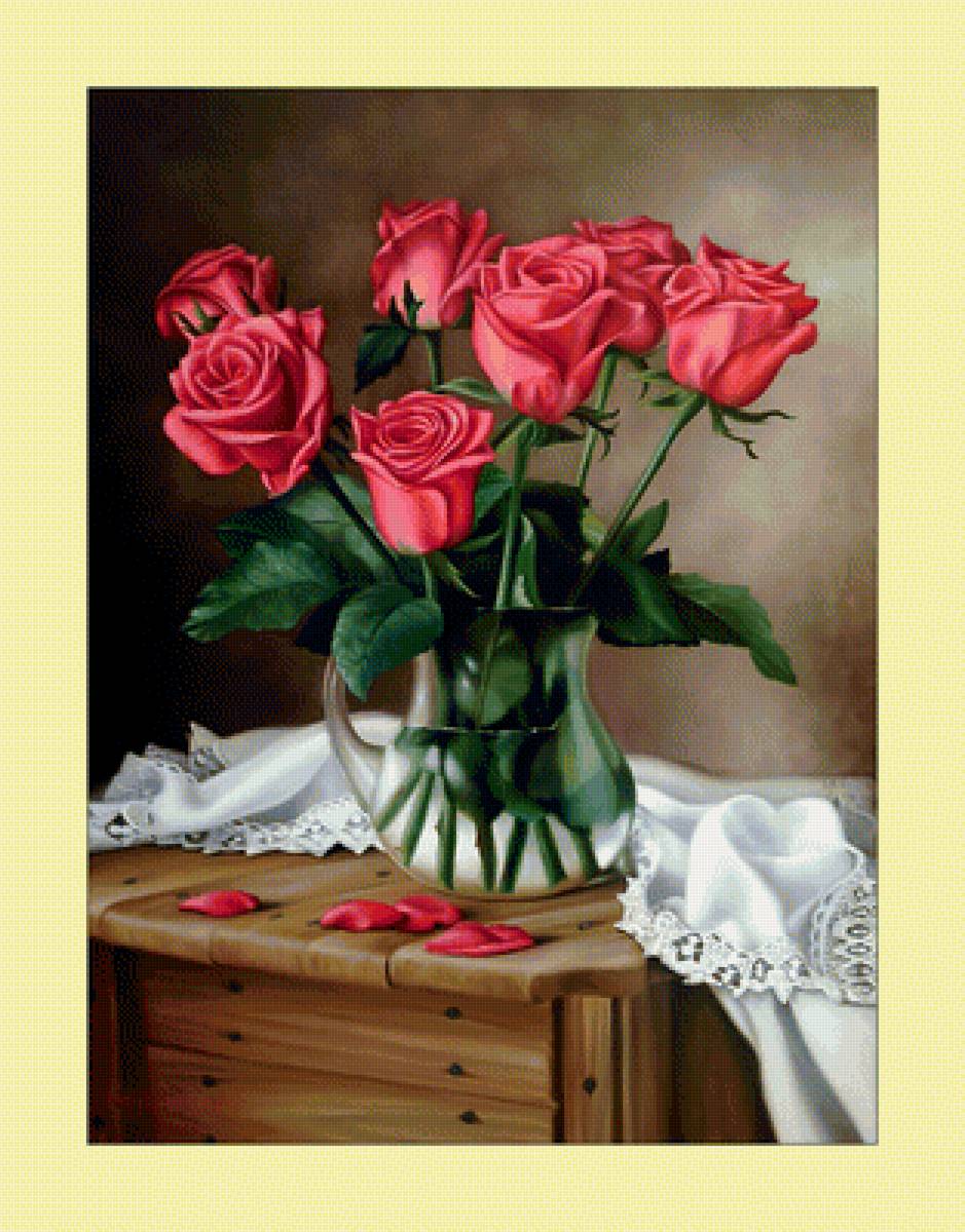 Красные розы. 253/340 крестов. - живопись, цветы, букет, ваза, розы - предпросмотр