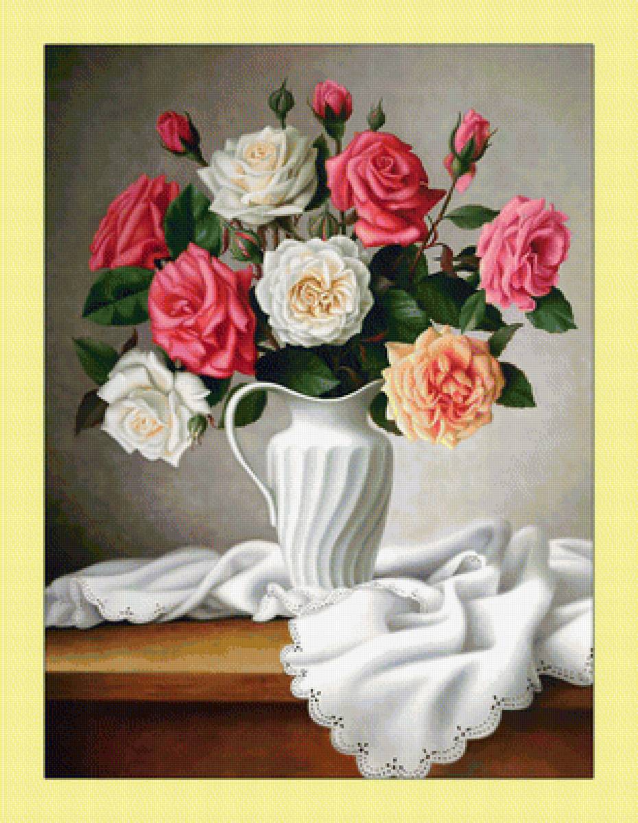 Розы. Букет. 266/356 крестов. - букет, розы, ваза, живопись, цветы - предпросмотр