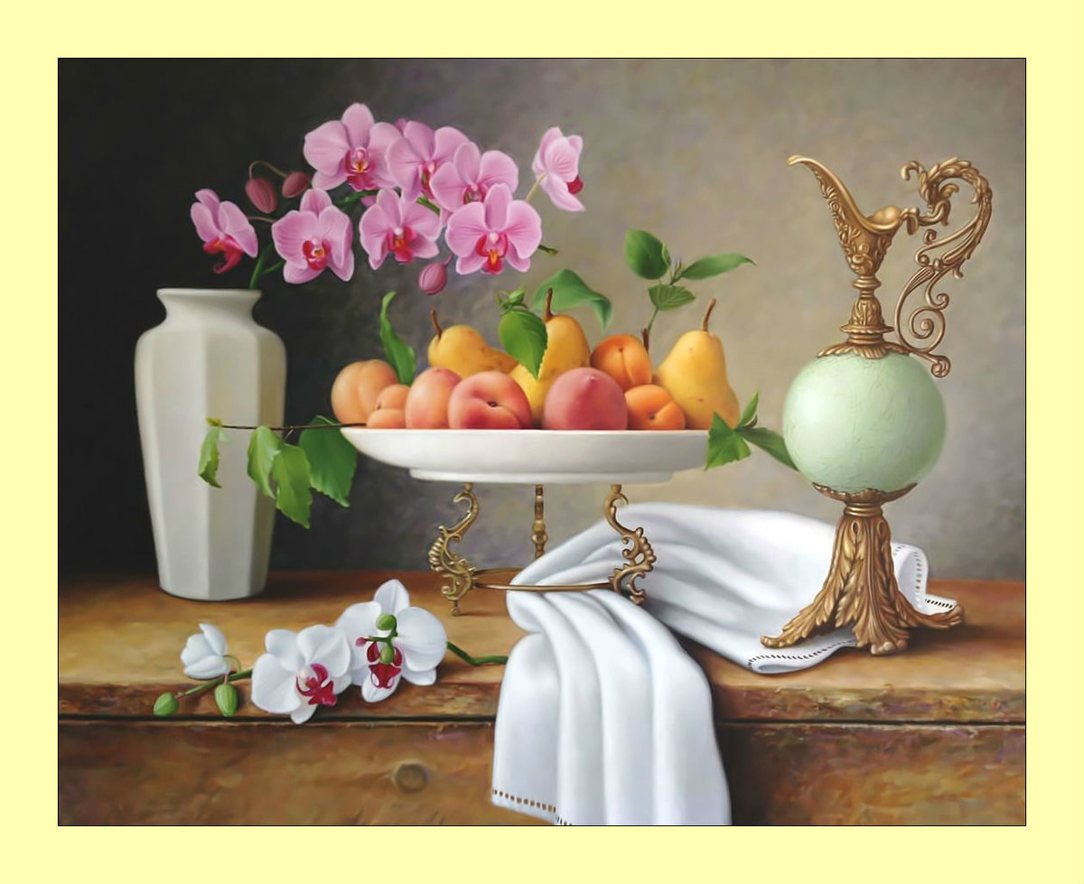 Фруктовый натюрморт с орхидеями. - орхидея, цветы, абрикосы, кувшин, натюрморт, груши, живопись - оригинал