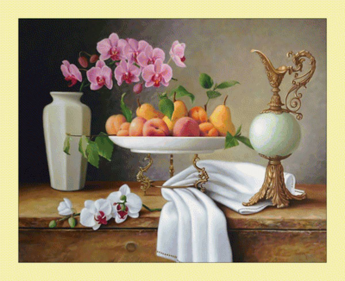 Фруктовый натюрморт с орхидеями. - груши, орхидея, кувшин, абрикосы, цветы, живопись, натюрморт - предпросмотр