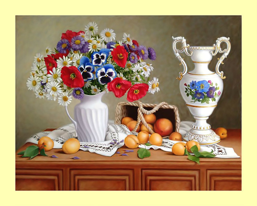 Натюрморт. - букет, васильки, цветы, живопись, ромашки, абрикосы, натюрморт - оригинал
