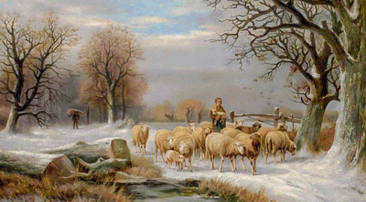 Sheperdess with her Flock in Winter. - alexis de leeuw painter.snowscenes.people.animals. - предпросмотр