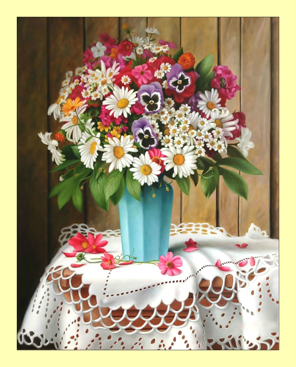 Букет. - живопись, цветы, букет, анютины глазки, ромашки, ваза - оригинал