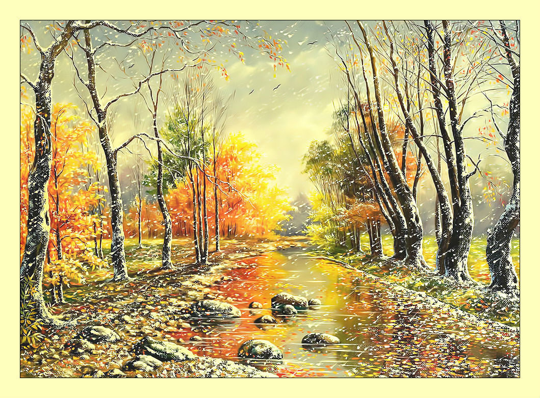 Первый снег. - снегопад, пейзаж, живопись, осень, деревья - оригинал