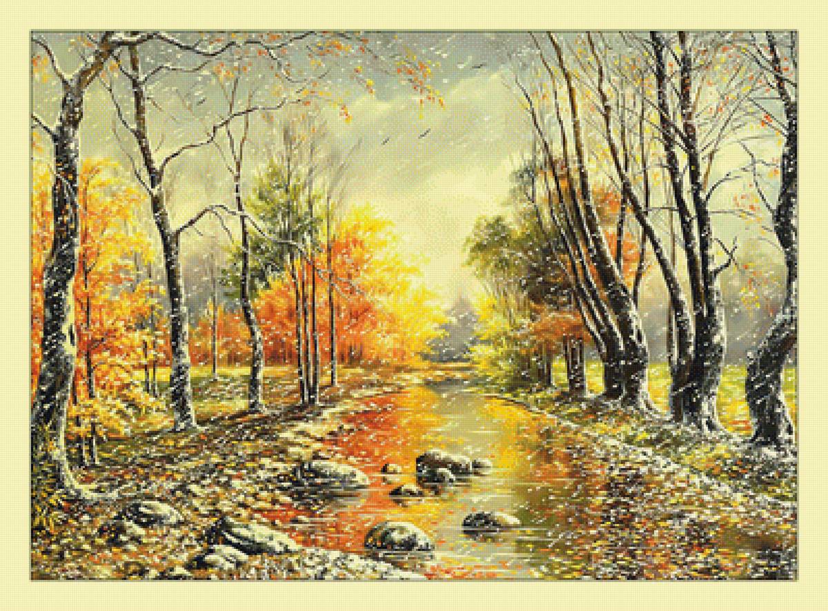 Первый снег. - снегопад, пейзаж, осень, деревья, живопись - предпросмотр