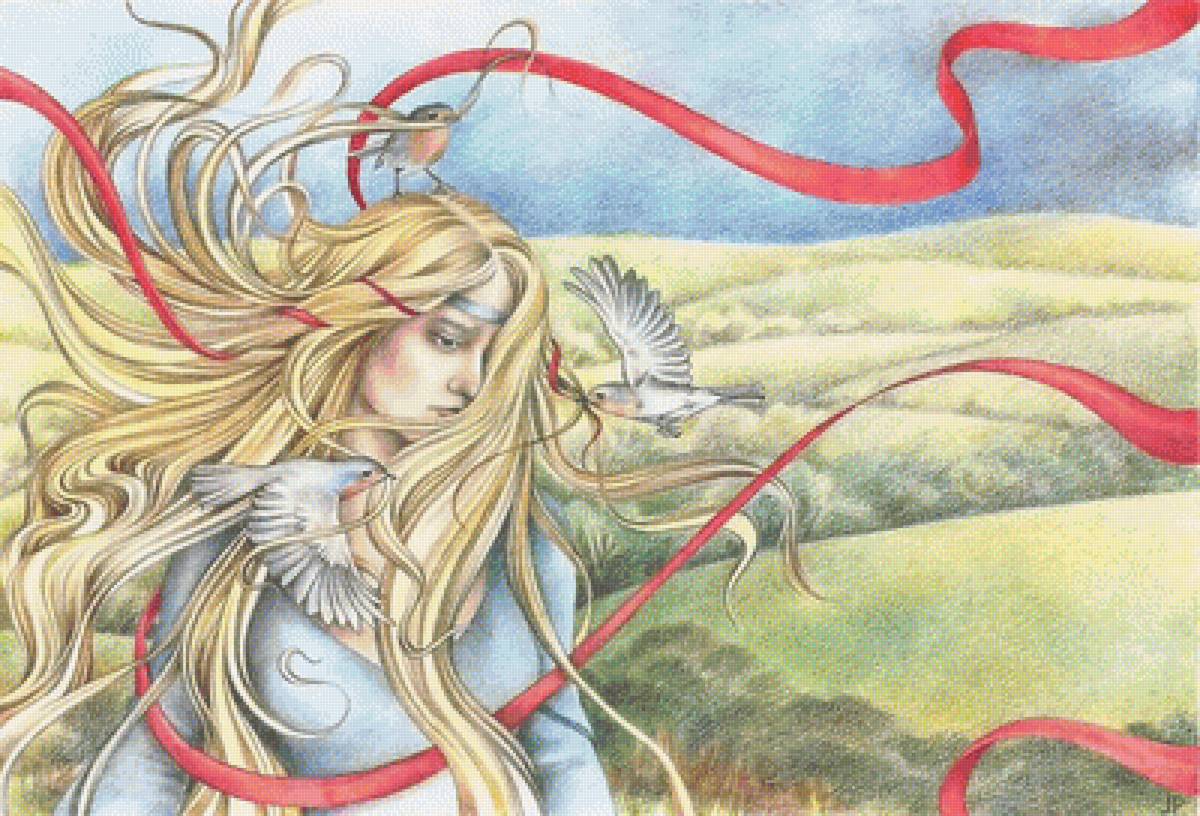 Ленты в волосах - птицы, девушка, ленты - предпросмотр