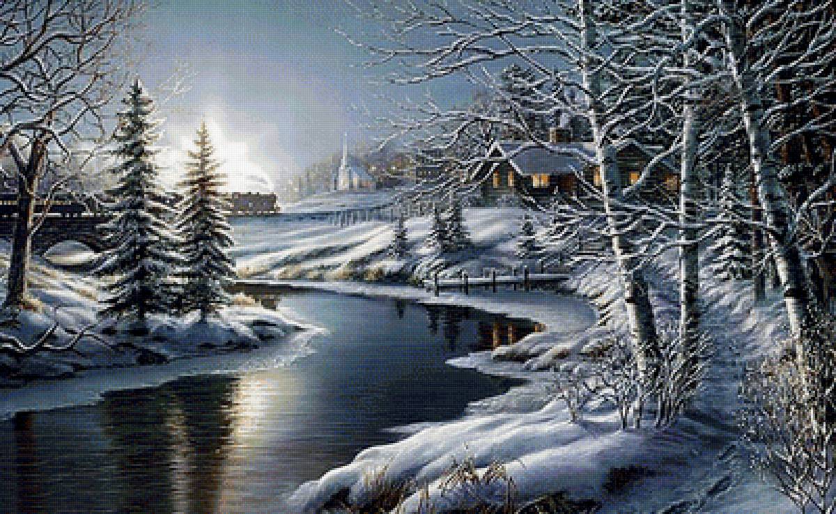 зимний вечер - вечер, зима, деревья, домик, мост, река, пейзаж - предпросмотр