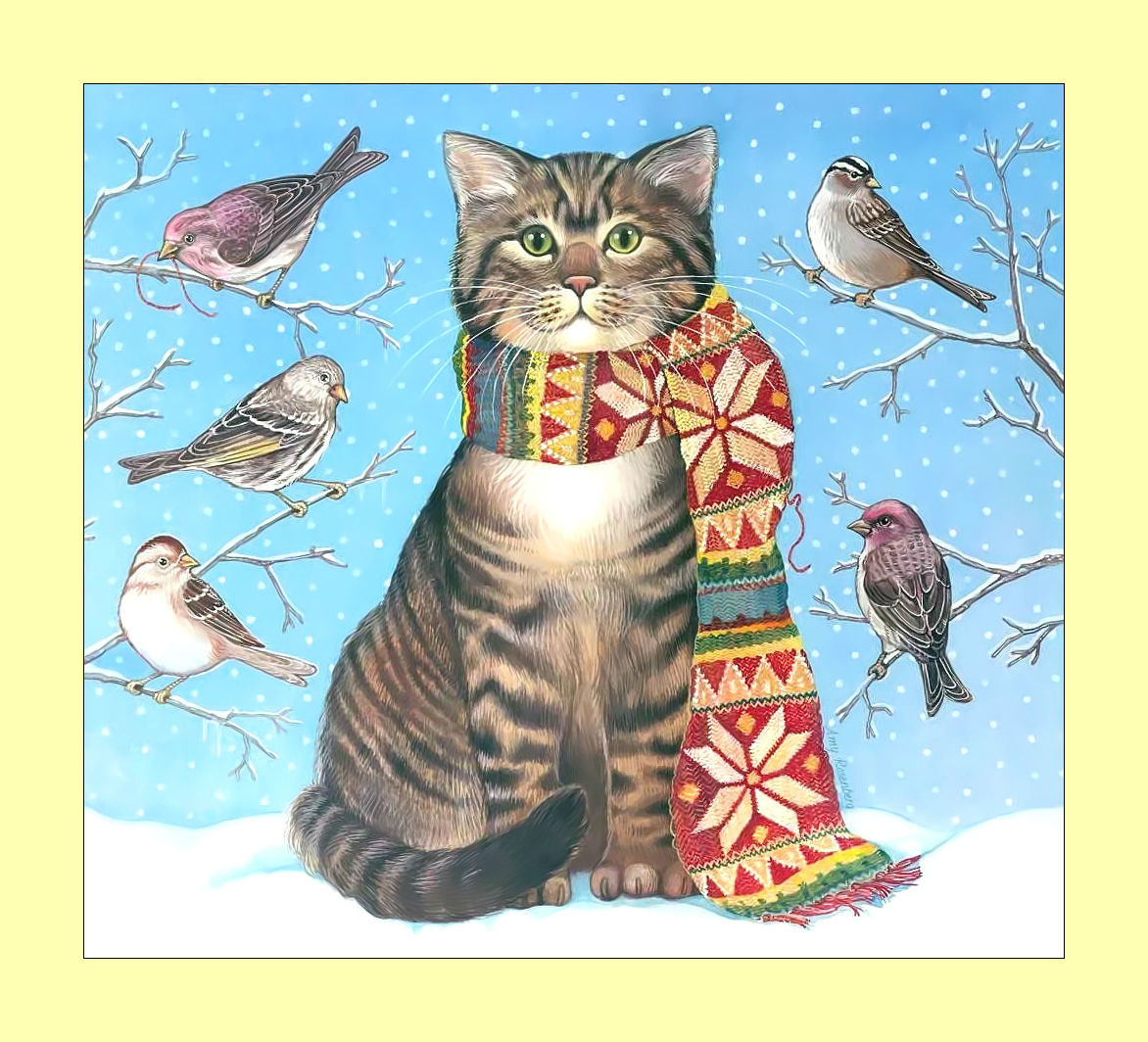 Зимний котик. - животные, живопись, снег, птицы, зима, кот, кошка - оригинал