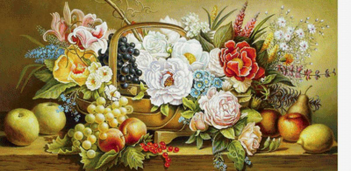 Натюрморт - цветы, яблоки, фрукты. виноград - предпросмотр
