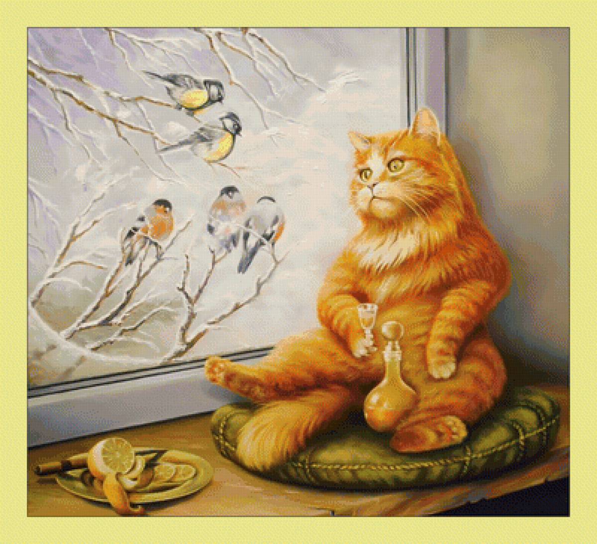 Котик и птички. - снег, коты, зима, живопись, птицы, окно - предпросмотр