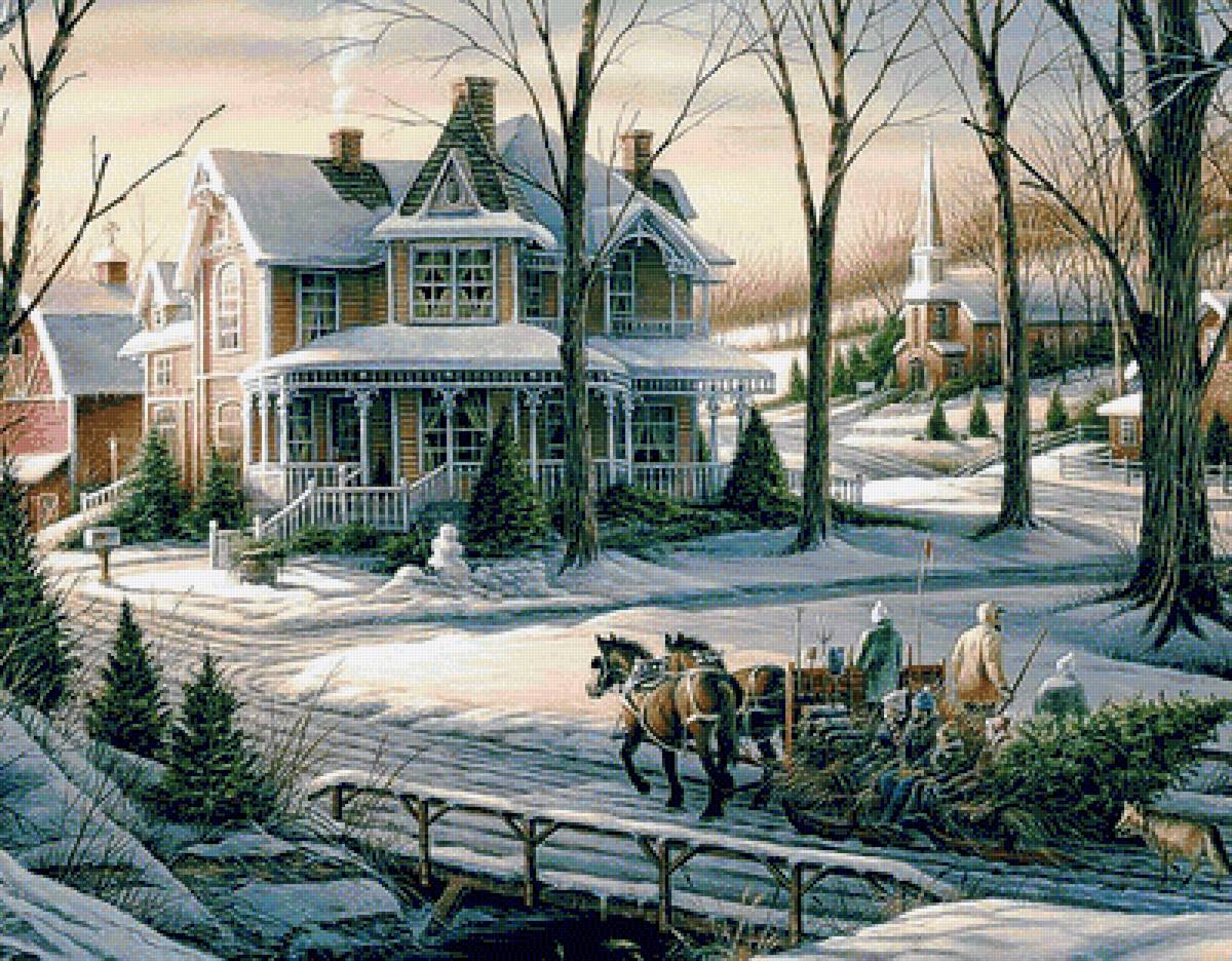 зимний день - люди, сани, снег, елки, домик, зима - предпросмотр