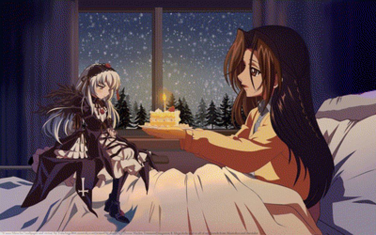 вышивка крестом суигинто и нэргу (мэгу Какидзаки ) тортик в руке - девочка, девушка, кукла, аниме, розэн майдэн, кровать, зима - предпросмотр