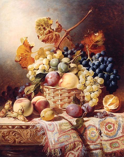 картина, натюрморт - виноград, корзина, натюрморт с фруктами, персик - оригинал