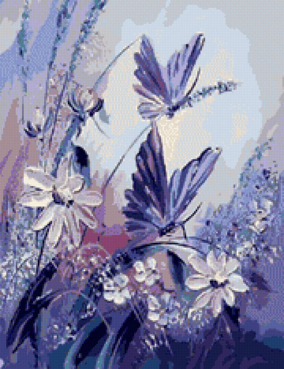 Голубая нежность - поле, ромашки, голубой, нежность, бабочка, лето - предпросмотр