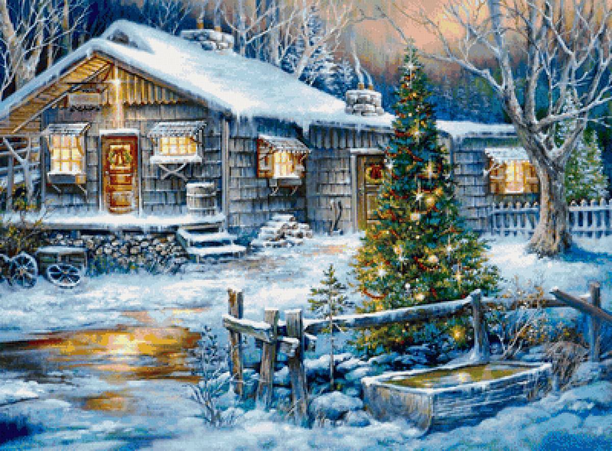 Праздничный вечер - домик, елка, деревья, снег, зима, река, новый, праздник, пейзаж - предпросмотр