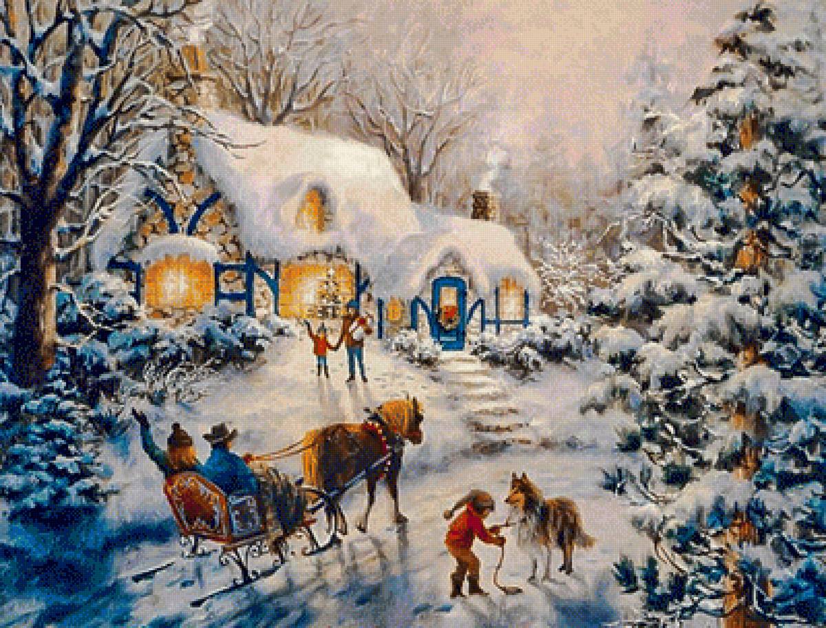 Christmas Visit. - nicky boheme painter.snowscenes.christmas.people.animals - предпросмотр