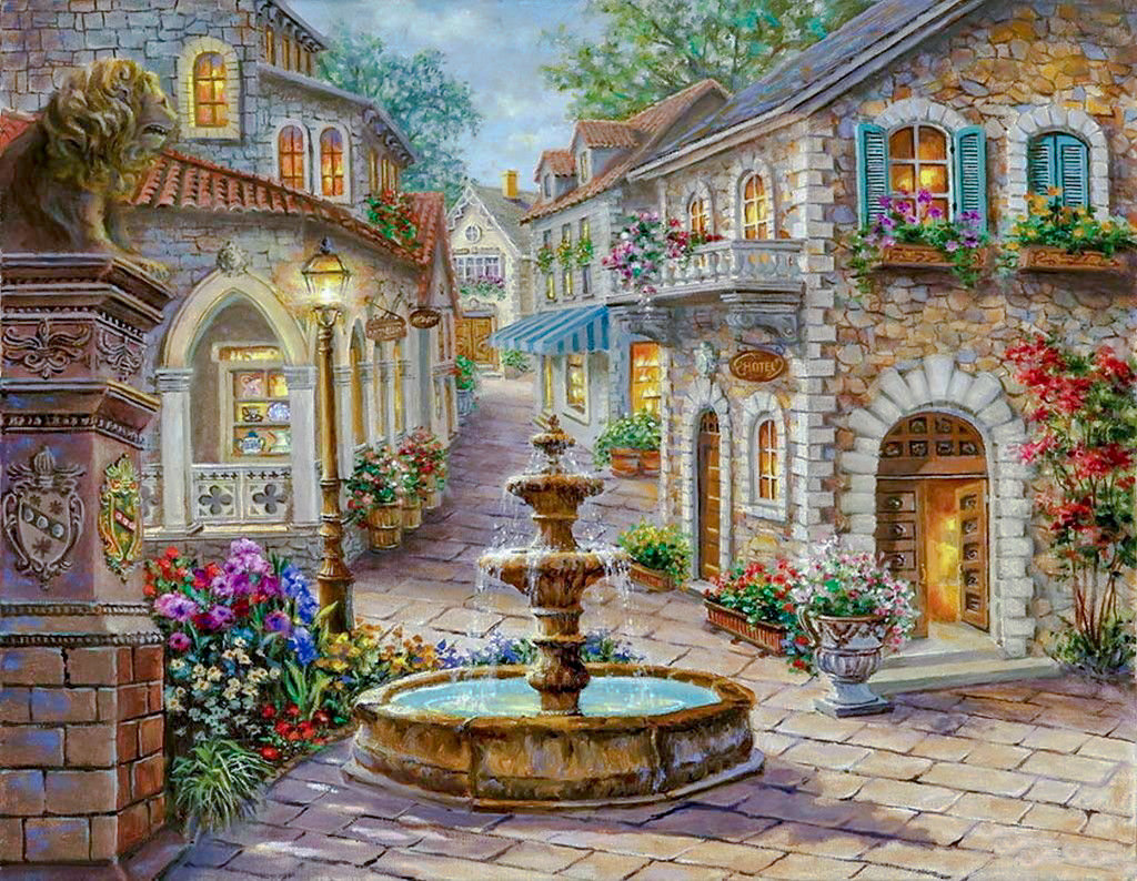 Fountain in the Village Square. - nicky boheme painter.scenarys.flowers and gardens. - оригинал