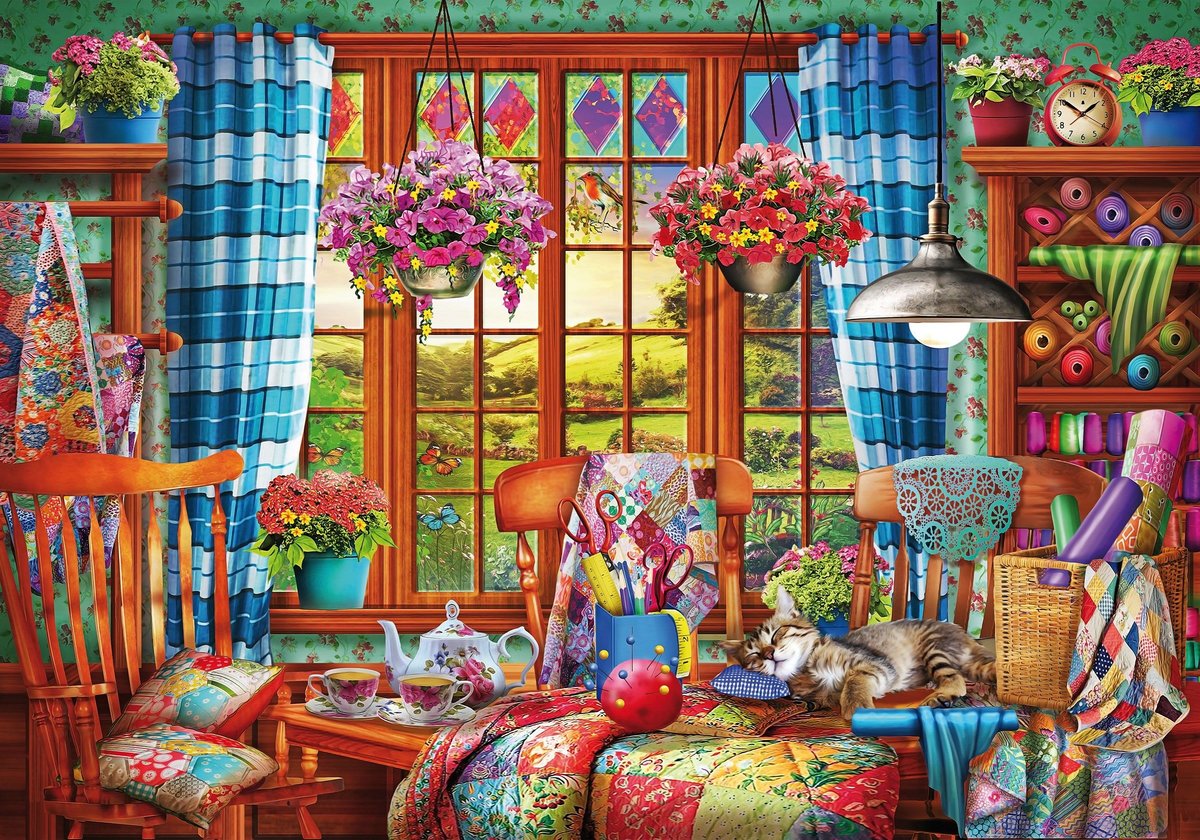 У окна - чашки, окно, кот, рукоделие, цветы - оригинал