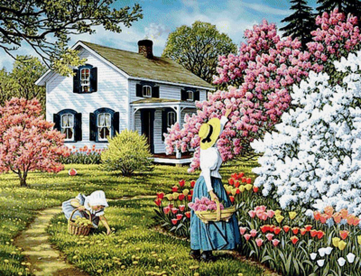 Весенний сад - весна, сад, цветы, сирень, тюльпаны, домик, люди - предпросмотр