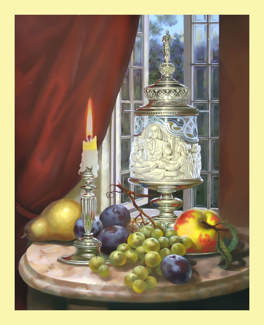 Натюрморт со свечой. - свеча, фрукты, натюрморт, живопись - оригинал