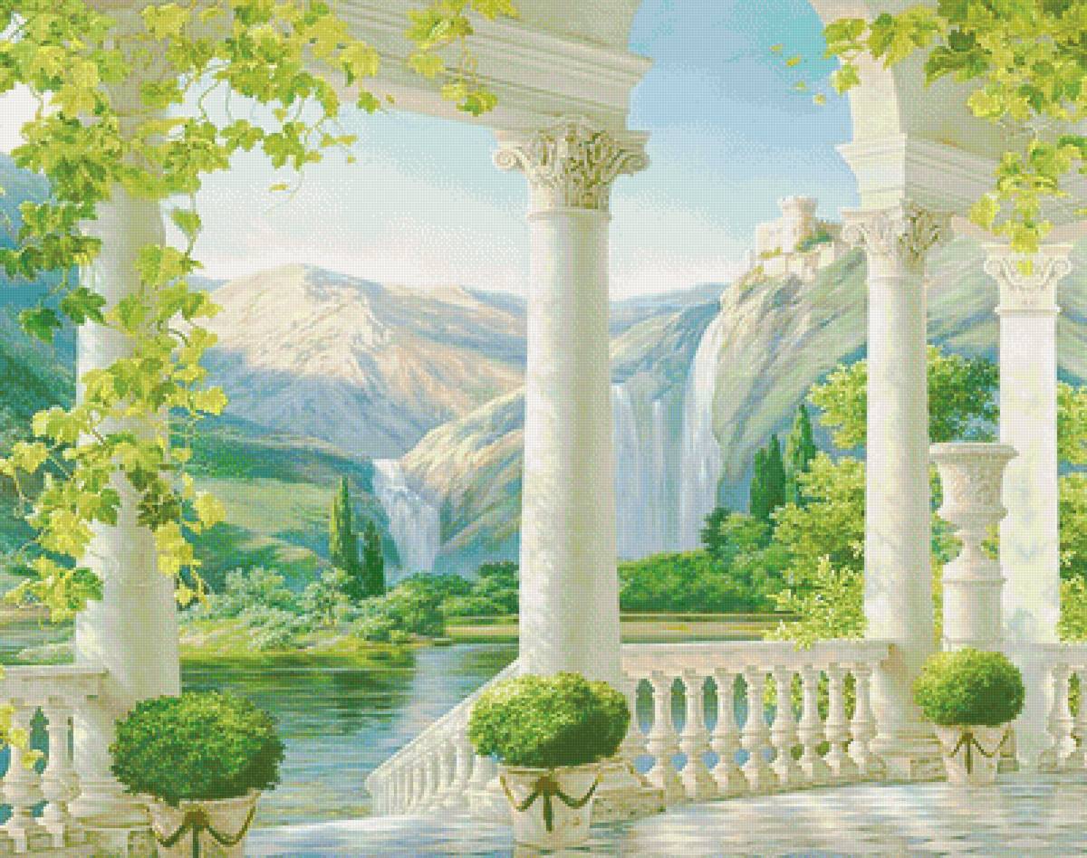 №2008101 - горы, арка, пейзаж, река, колонны - предпросмотр