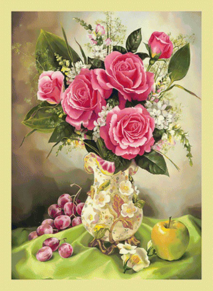 Цветочный натюрморт. - яблоки, живопись, розы, цветы, букет, натюрморт - предпросмотр
