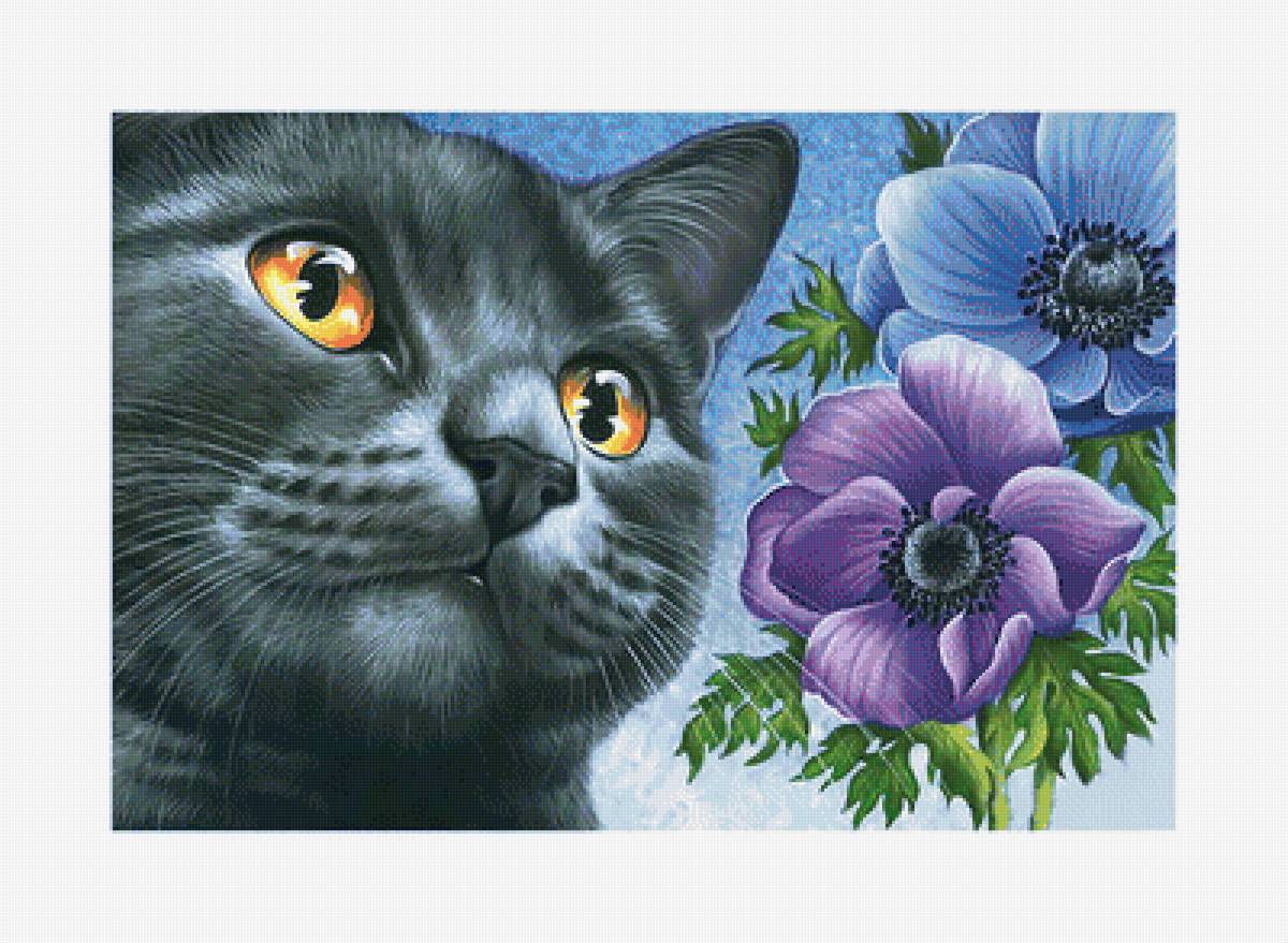 Котейка. - цветы, кот, кошка, живопись - предпросмотр