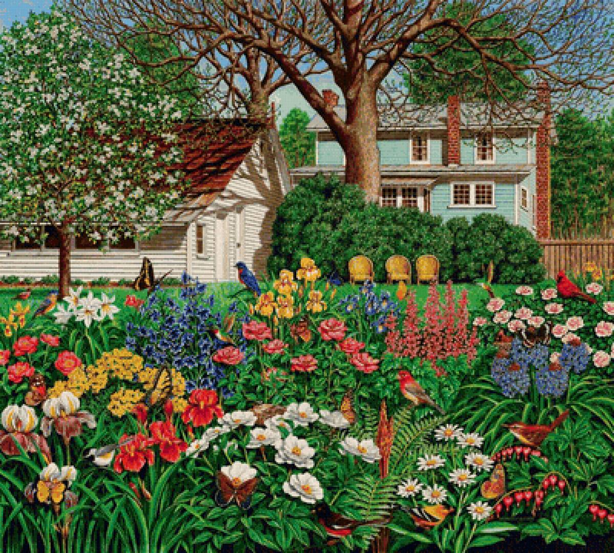 Цветущий сад - ирисы, сад, дом, дерево, цветы.птицы - предпросмотр