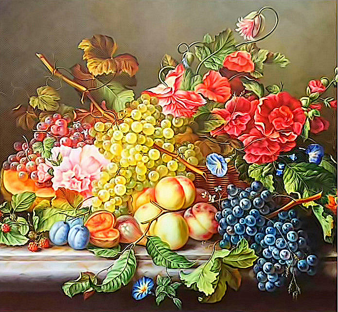 Натюрморт - цветы, персики, виноград - оригинал