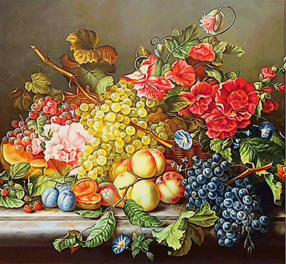 Натюрморт - виноград, персики, цветы - предпросмотр