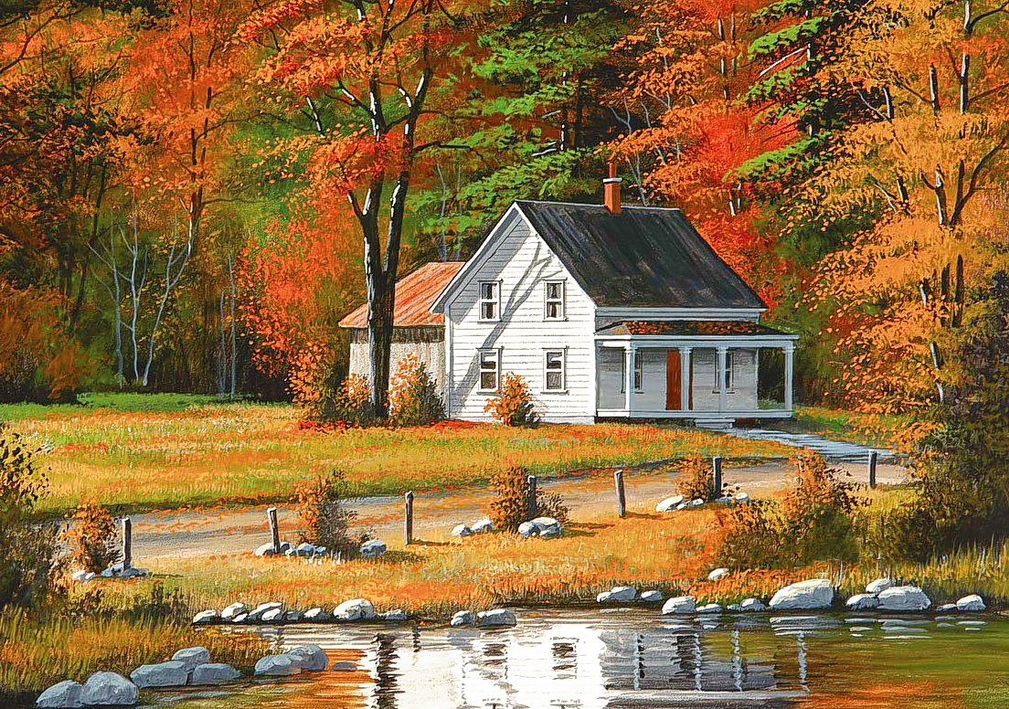 осень - домик, река, деревья, лес, осень, пейзаж - оригинал