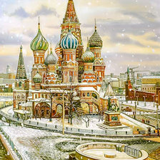 Snowy view of St Basil's Cathedral.
