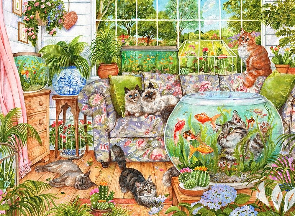 одни дома - аквариум, цветы, кошки - оригинал