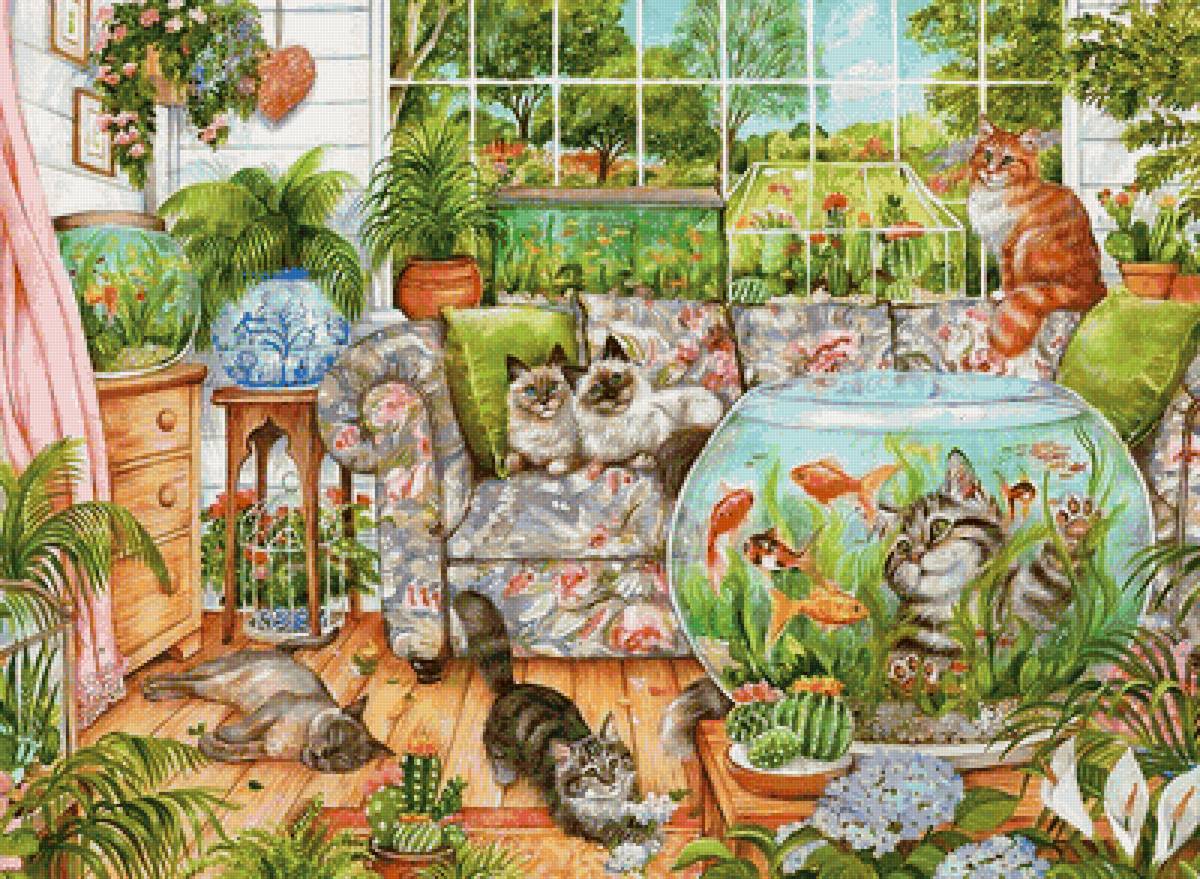 одни дома - цветы, аквариум, кошки - предпросмотр