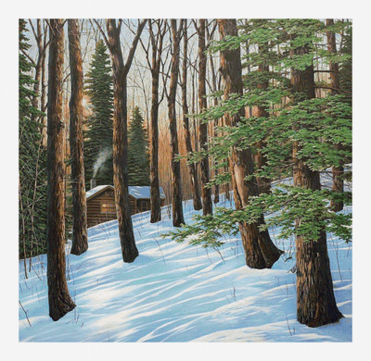 Зимний лес. - снег, живопись, зима, домик, пейзаж, лес, сугробы - предпросмотр