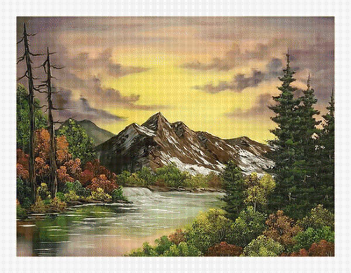 Горный пейзаж. - закат, живопись, пейзаж, природа, река, горы - предпросмотр