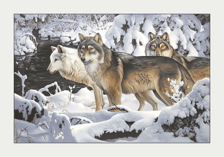 Волки в зимнем лесу. - зима, лес, снег, стая, хищники, река, волки - оригинал