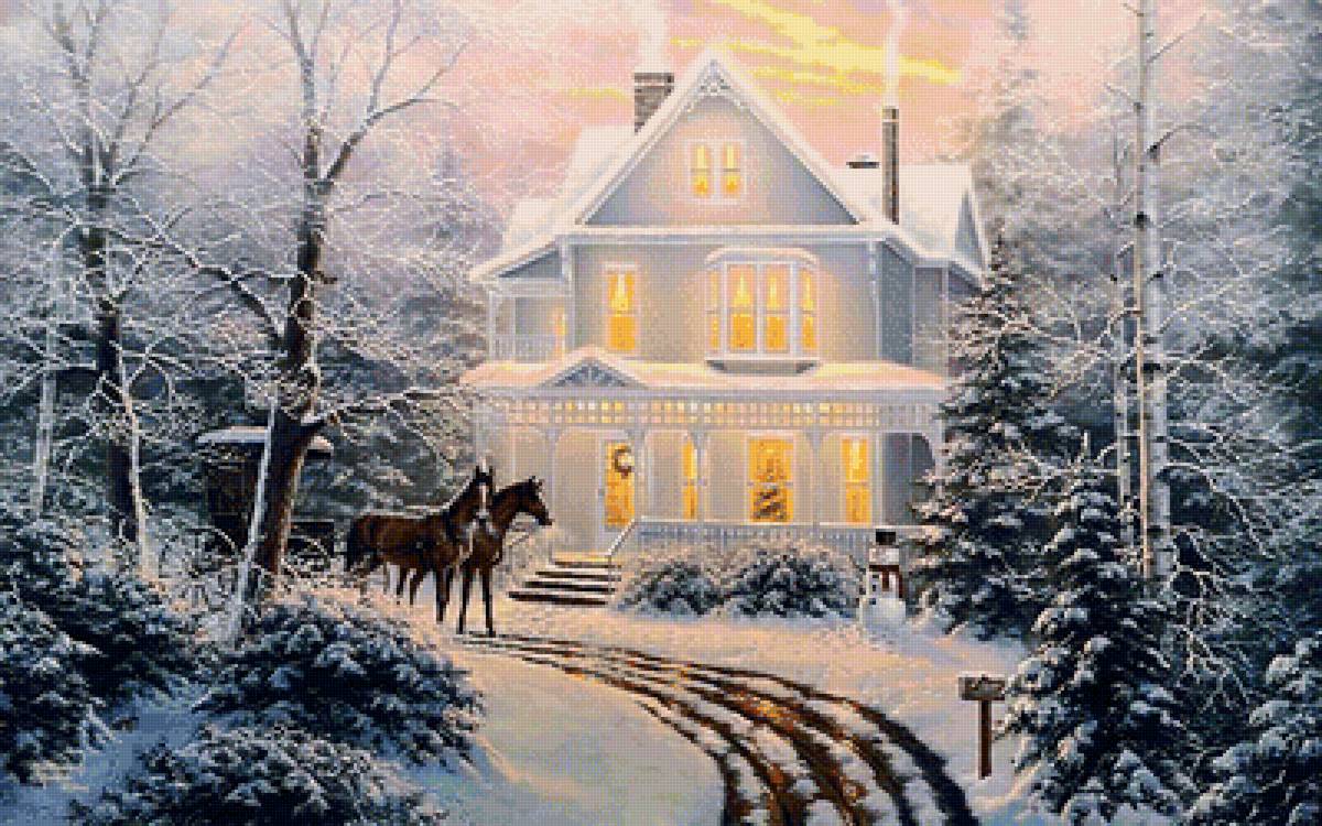 №2010187 - домик, вечер, зима, лошади, деревья, карета - предпросмотр