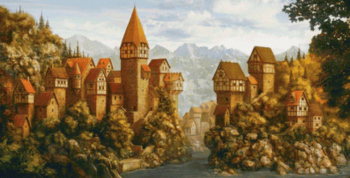 замок - замок, река, горы - предпросмотр