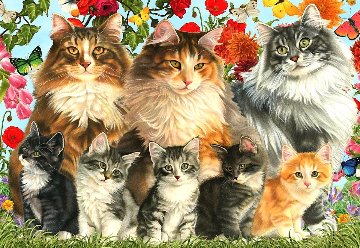 кошки с котятами - цветы, кошки, котята, бабочки - оригинал