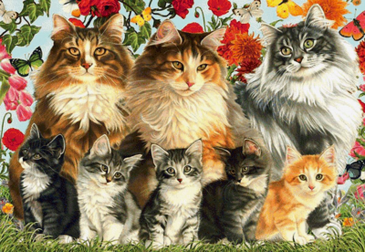кошки с котятами - цветы, кошки, бабочки, котята - предпросмотр
