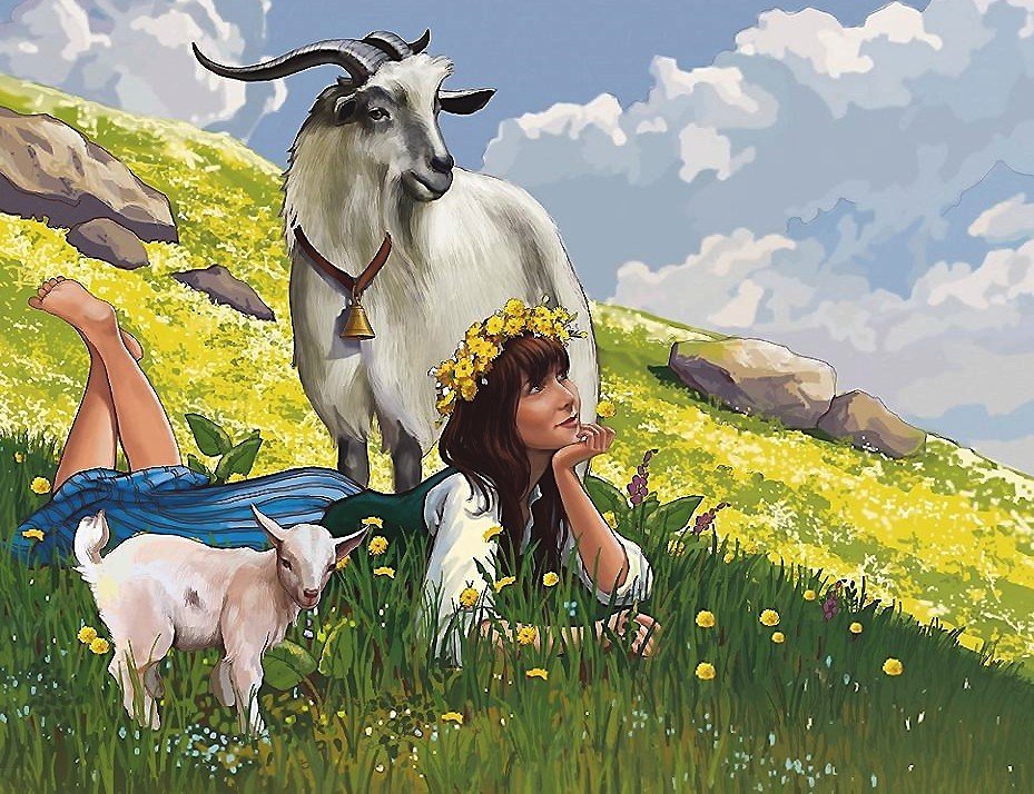 Пастушка - лето, коза, козленок, луг, девушка - оригинал