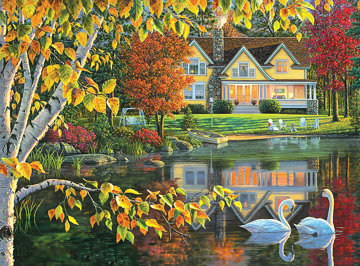 Осенний пейзаж. - дом, пейзаж, осень, лебеди, березы, озеро, живопись, лодка - оригинал